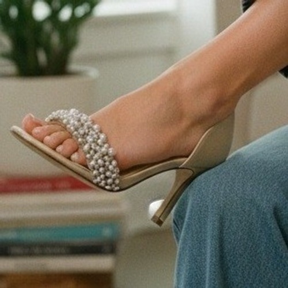 Something Bleu Pearl Embellished Heeled Sandals‎ Champagne Satin - Size 8